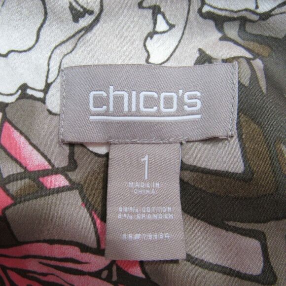 Chico's Size 1 Button Front Blouse Jacket Long Sleeve Taupe Coral Floral Motif - Picture 4 of 10